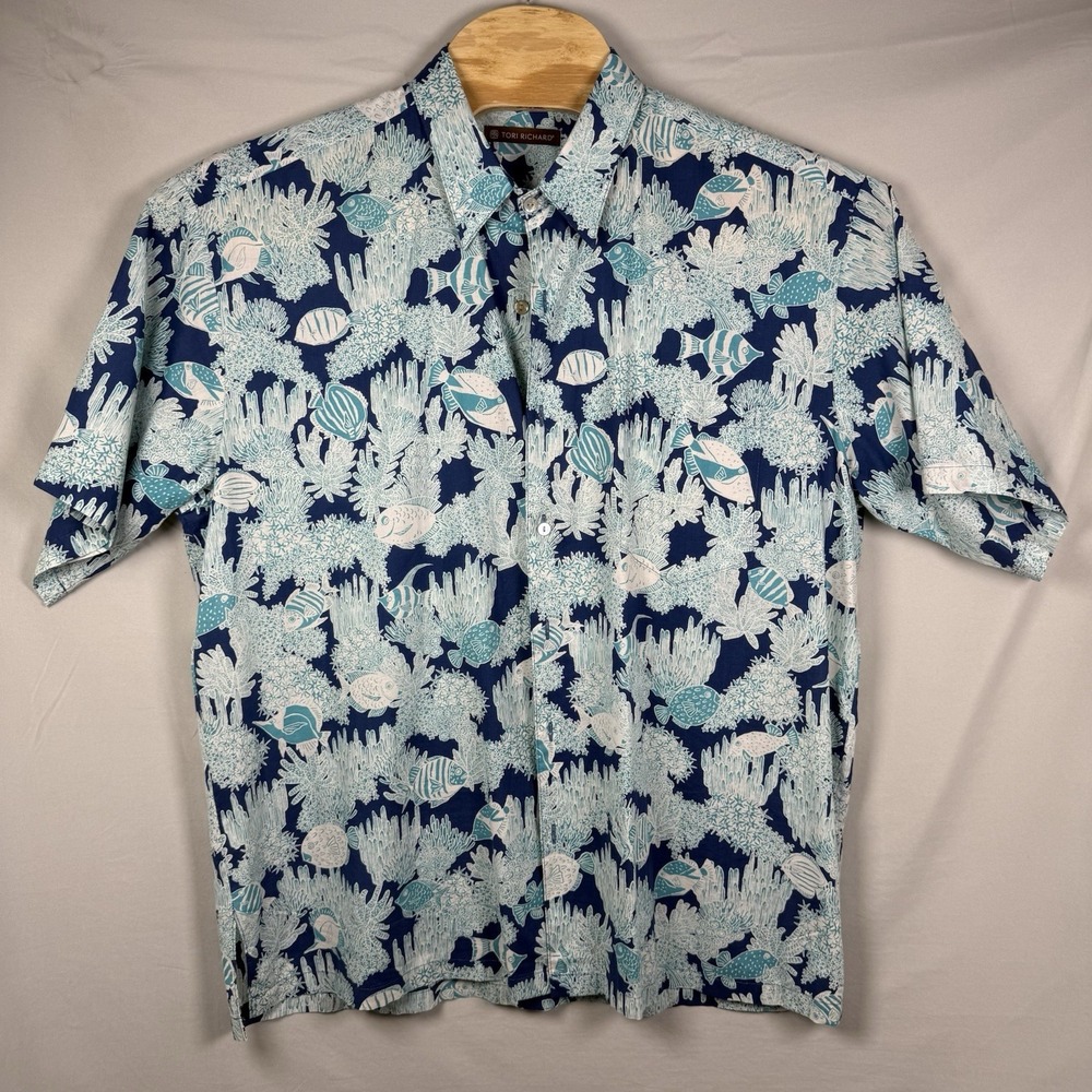Tori Richard Blue Coral Fish Oceanic Motif Hawaiian Shirt XLarge Button Up Polo - Picture 2 of 8